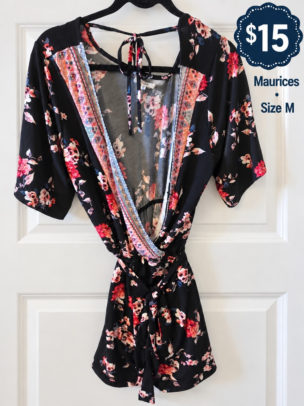 Maurices Black Floral Tie-Front Romper with Pink & Red Accents